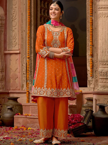 Indyancart IE Floral Embroidered Panelled Mirror Work A-Line Kurta With Palazzos & Dupatta
