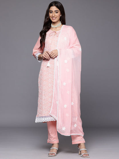 Dhiyona VA Women's Floral Embroidered Chikankari Pure Cotton Kurta with Trousers & Dupatta