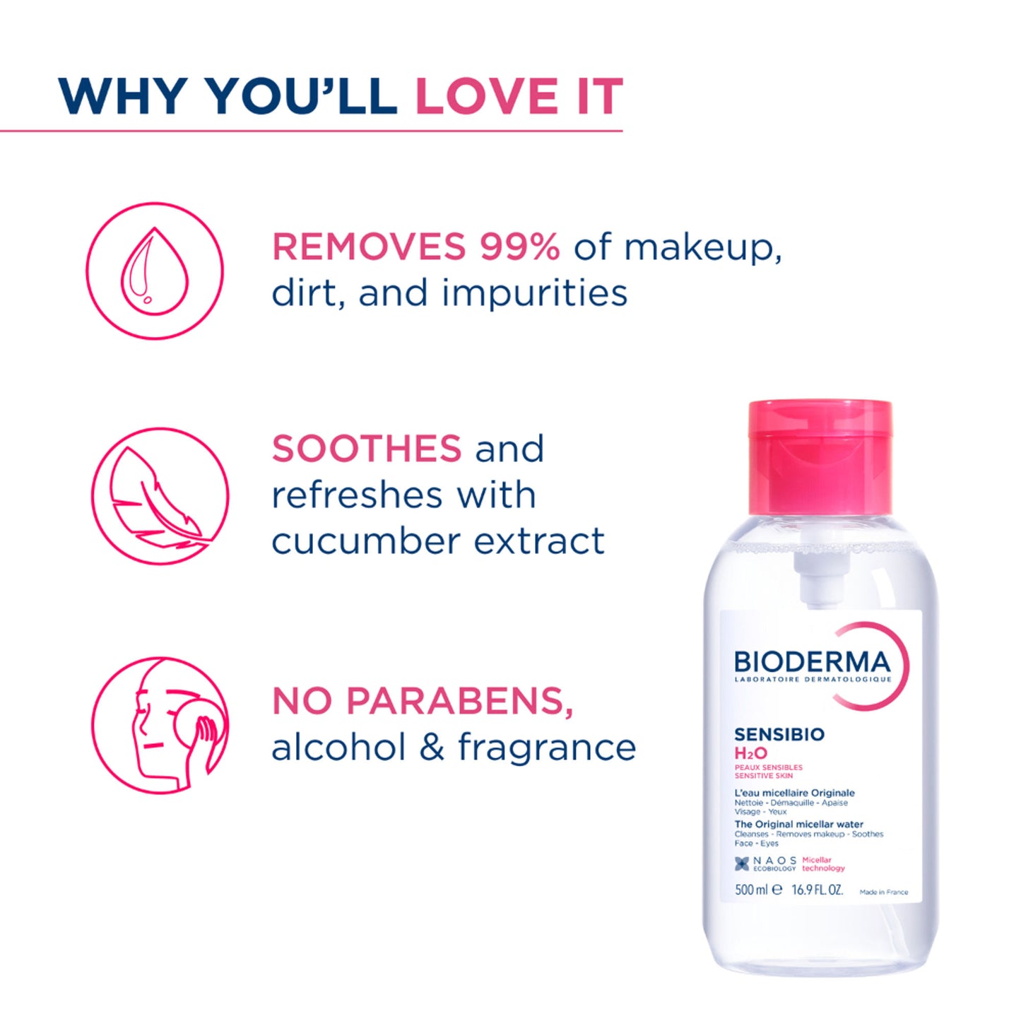 Bioderma Micellar Water Sensibio H2O With Cucumber Extract Removes Makeup - Pump