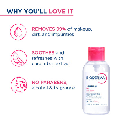 Bioderma Micellar Water Sensibio H2O With Cucumber Extract Removes Makeup - Pump