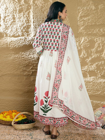 Dhiyona IE Women Ethnic Motifs Printed Empire Mirror Work Pure Cotton Kurta with Trousers & With Dupatta