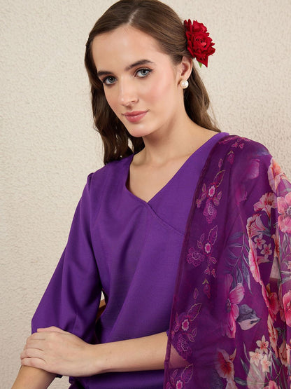 V-Neck Straight Kurta With Trousers & Dupatta