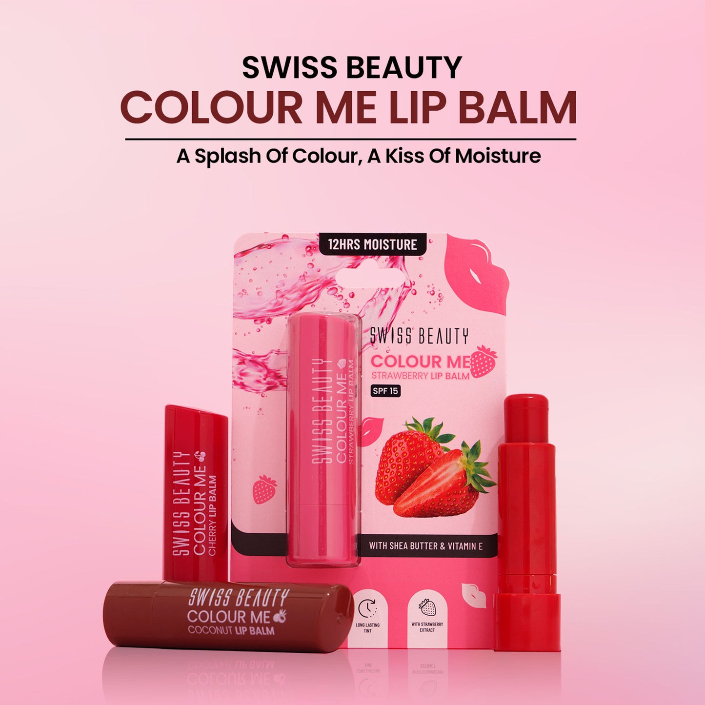 Swiss Beauty Colour Me Tinted Lip Balm For Dry With SPF 15, Shea Butter and Vitamin E - Strawberry Slush