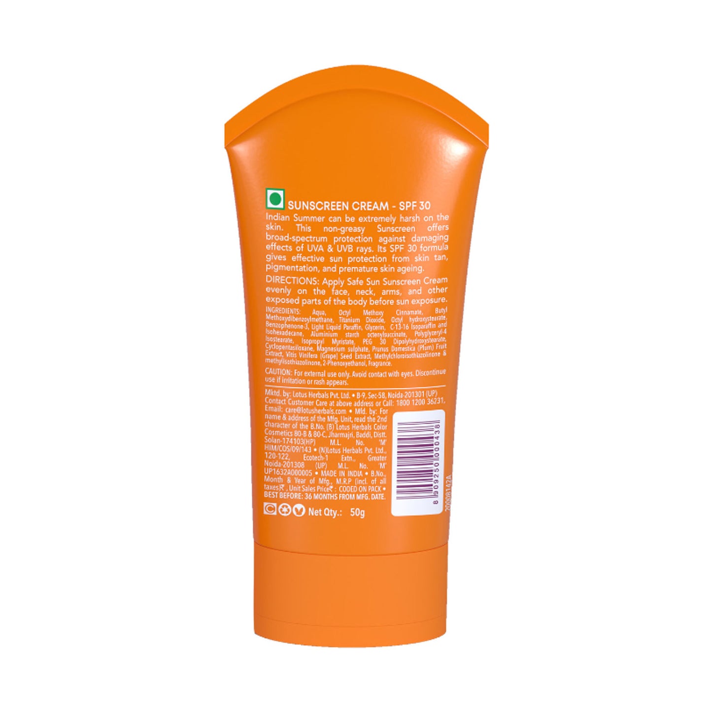 Lotus Herbals Safe Sun Sunscreen Cream PA++ UVA SPF-30 UVB Indian Summer Formula