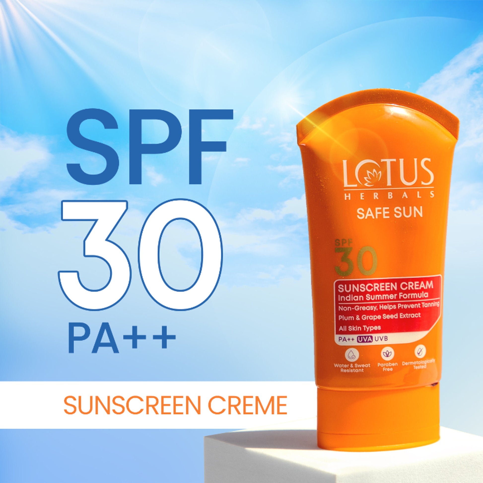 Lotus Herbals Safe Sun Sunscreen Cream PA++ UVA SPF-30 UVB Indian Summer Formula