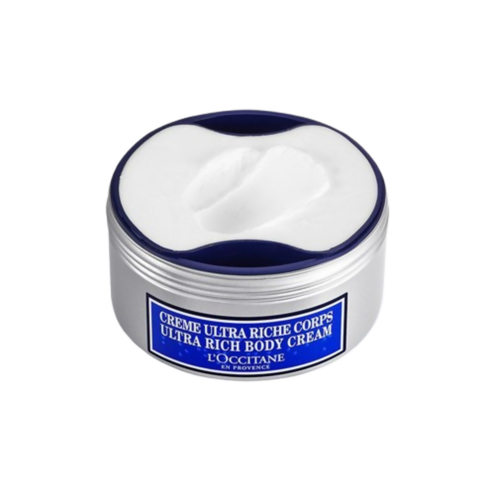 L'Occitane Ultra Rich Body Cream refill jar with a smooth, creamy texture, designed for nourishing and hydrating skin.