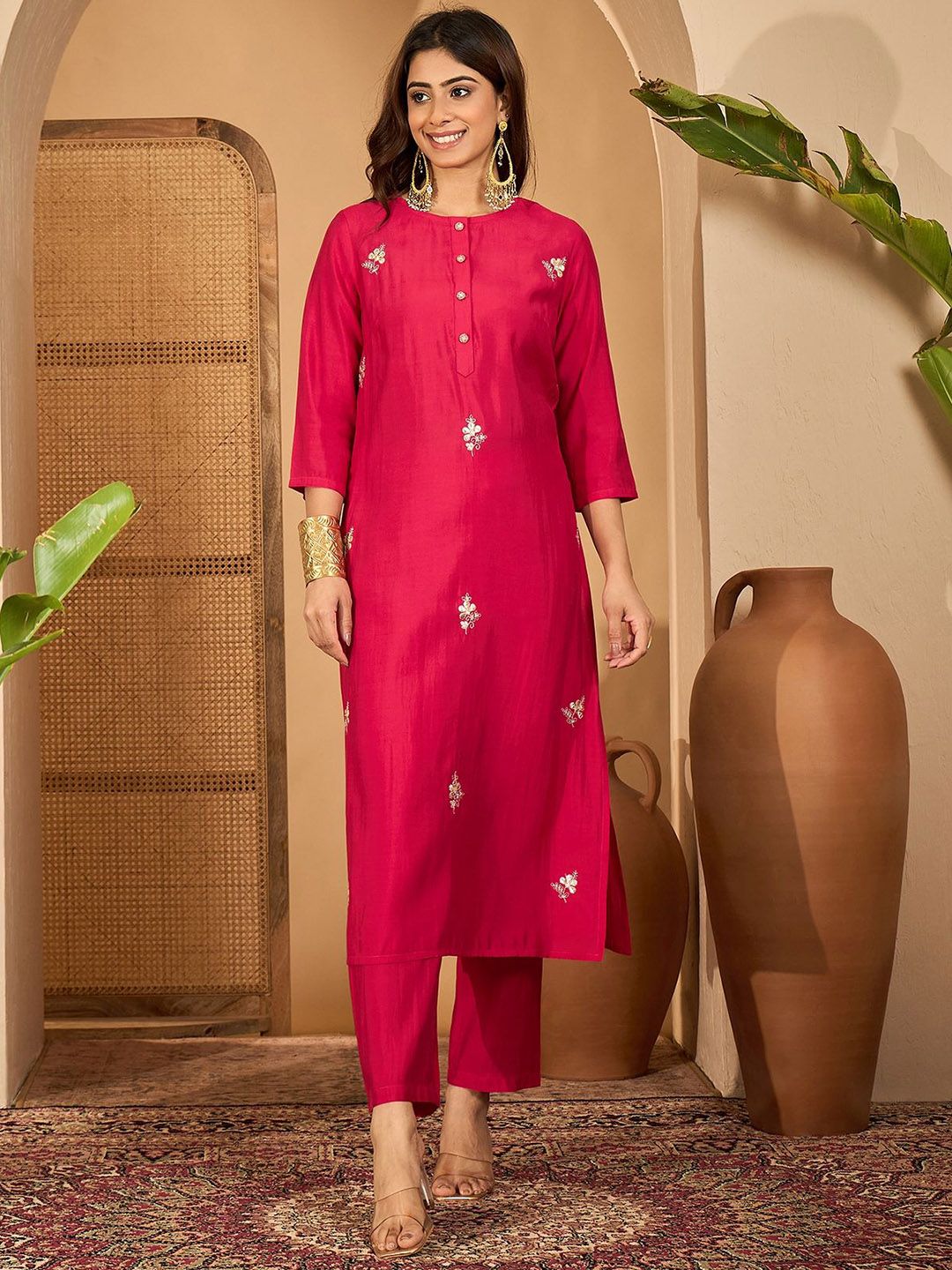 Indyancart SN Women's Embroidered Gota Work Straight Kurta & Trousers With Dupatta