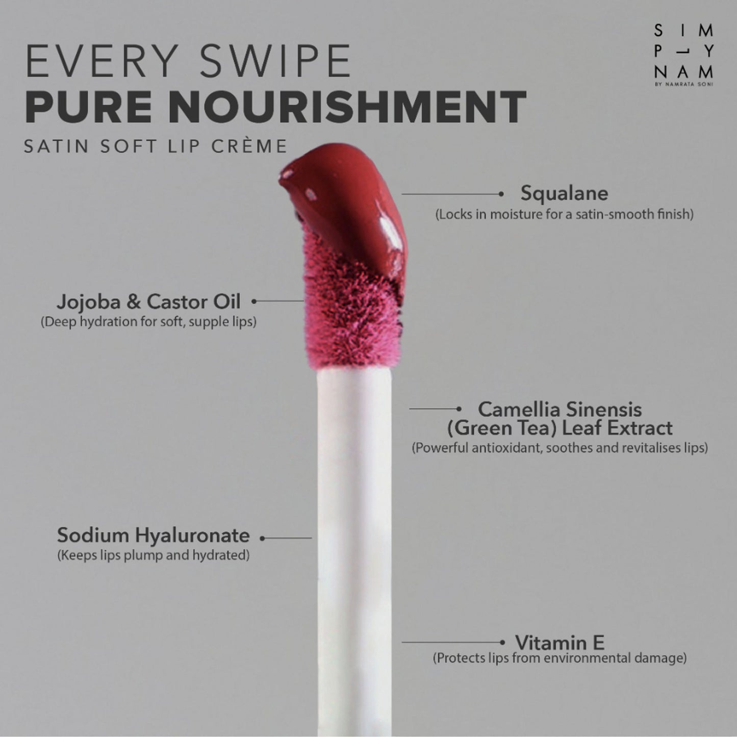 Simply Nam Satin Soft Lip Creme, Hydrating, Botanical Colour for Everyday Lips - Cool Red