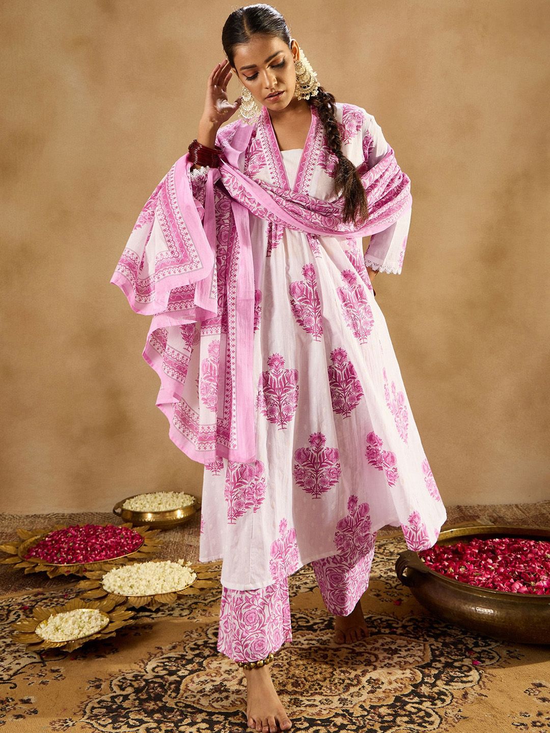 Indyancart IE Floral Printed Panelled Pure Cotton A-Line Kurta With Palazzos & Dupatta