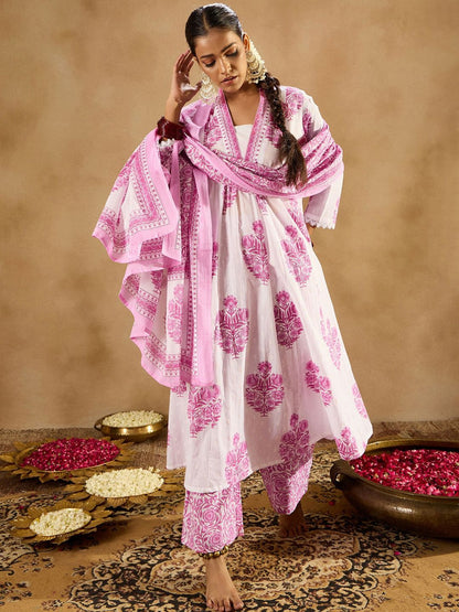 Indyancart IE Floral Printed Panelled Pure Cotton A-Line Kurta With Palazzos & Dupatta