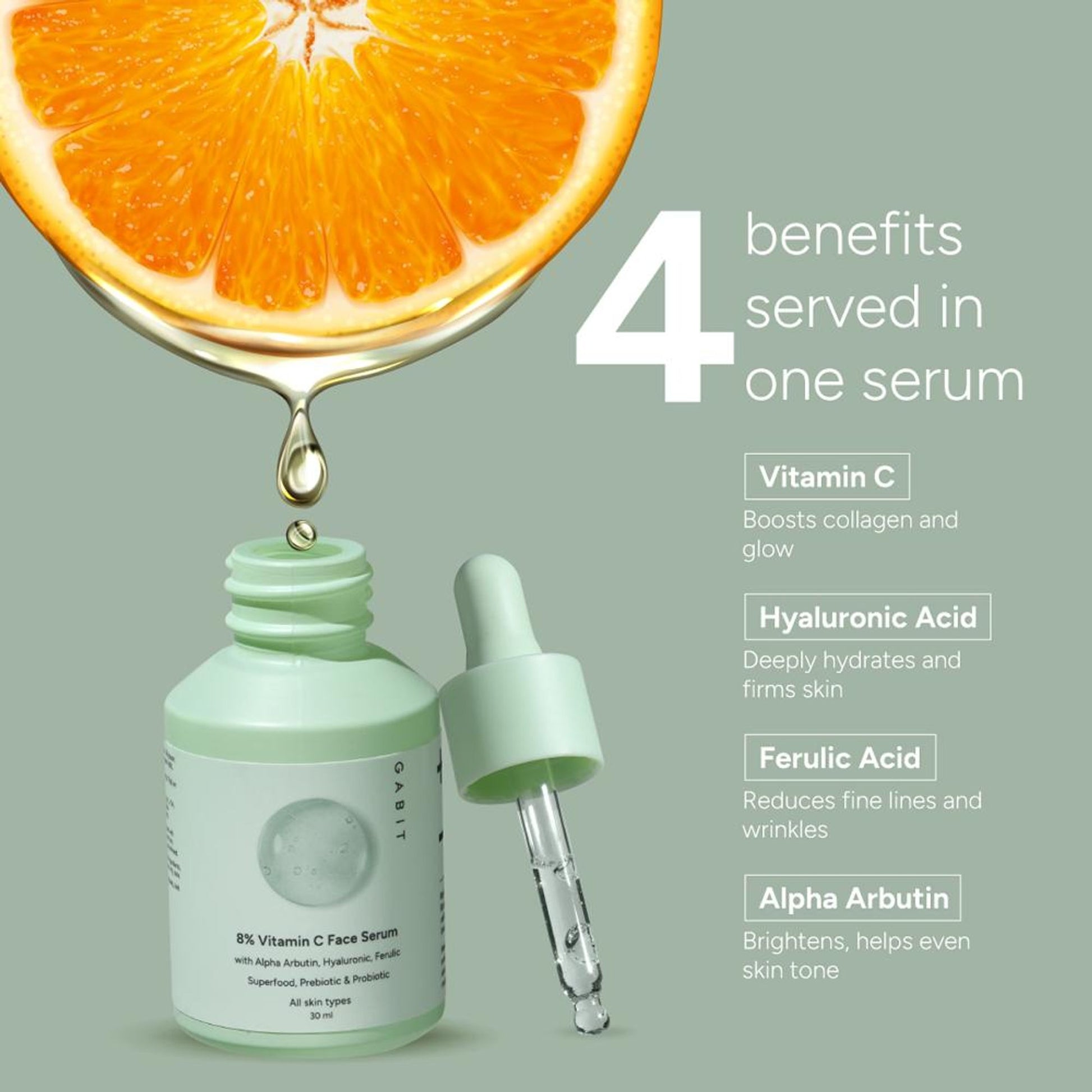 Gabit 20% Vitamin C Brightening Serum With Hyaluronic & Ferulic, For Dark Spots, Dull & Tanned Skin