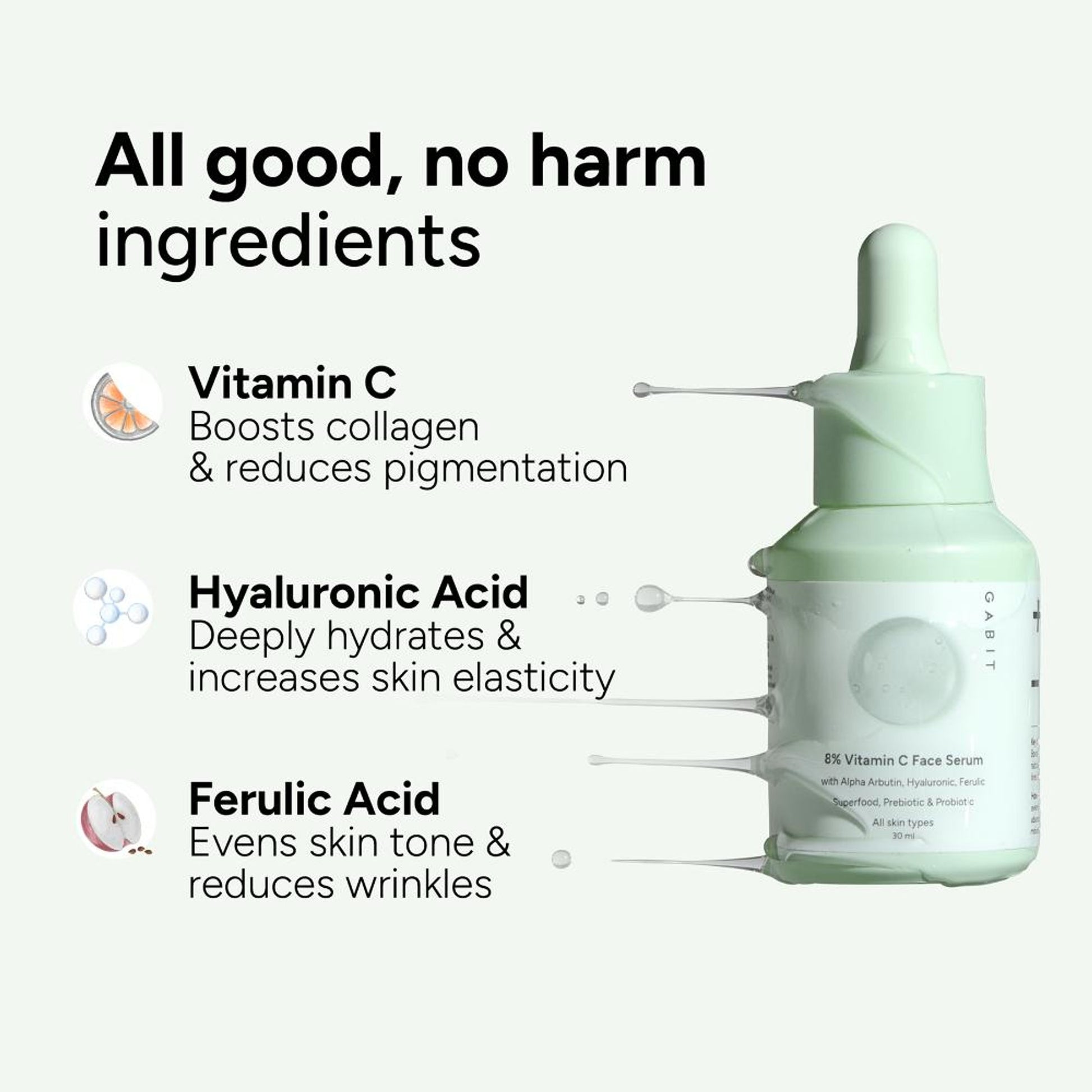 Gabit 20% Vitamin C Brightening Serum With Hyaluronic & Ferulic, For Dark Spots, Dull & Tanned Skin