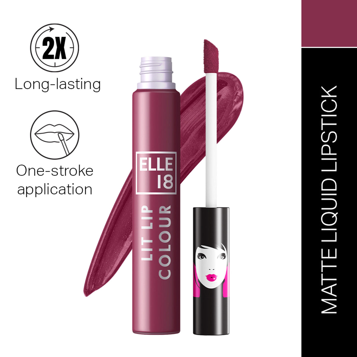 Elle 18 Liquid Lip Color in Mulberry Love featuring a vibrant berry shade in a sleek tube.