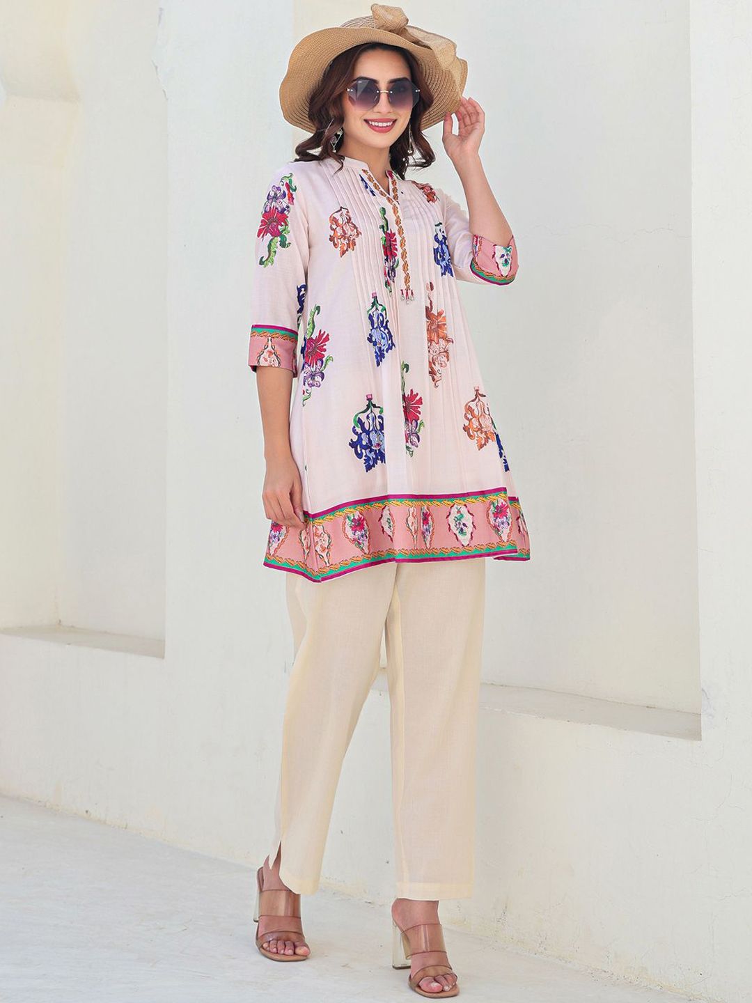 Indyancart IE Printed Pure Cotton Mandarin Collar Neck A-Line Tunic With Trousers Co-Ords
