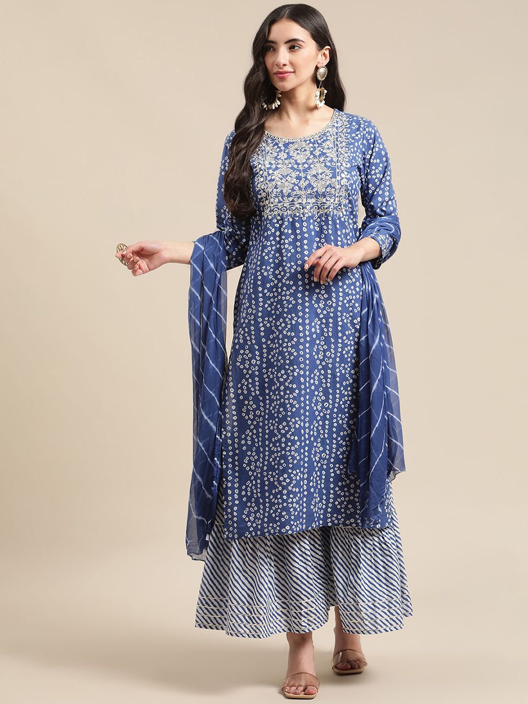 Indyancart VA Women'sBlue And White Zari Embroidery Leheriya Kurta Sharara Set With Leheriya Dupatta