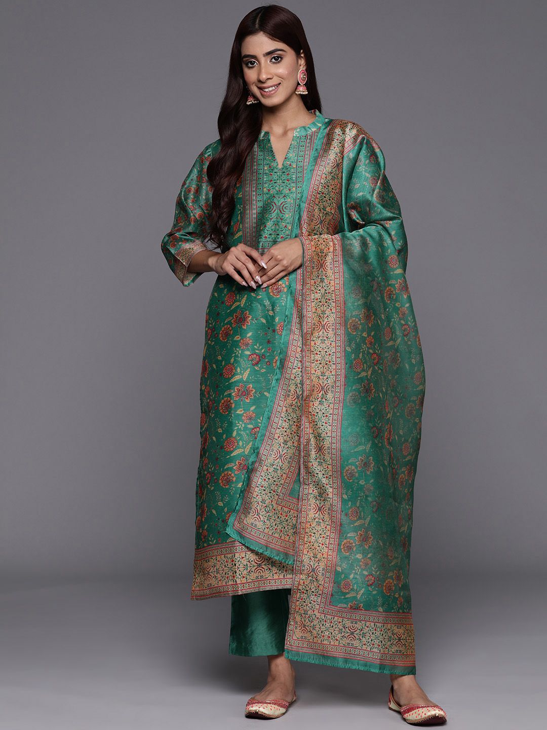 Indyancart VA Women's Floral Printed Regular Chanderi Silk Kurta with Trousers & Dupatta