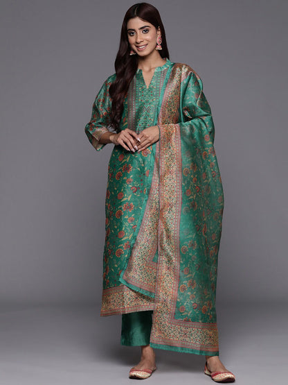 Indyancart VA Women's Floral Printed Regular Chanderi Silk Kurta with Trousers & Dupatta