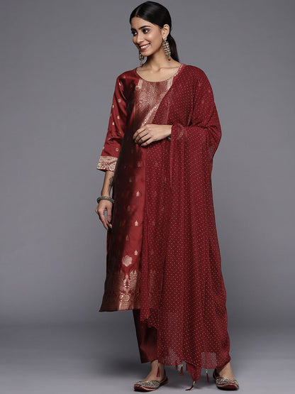 Indyancart VA Women's Maroon Ethnic Motifs Kurta with Trousers & Dupatta