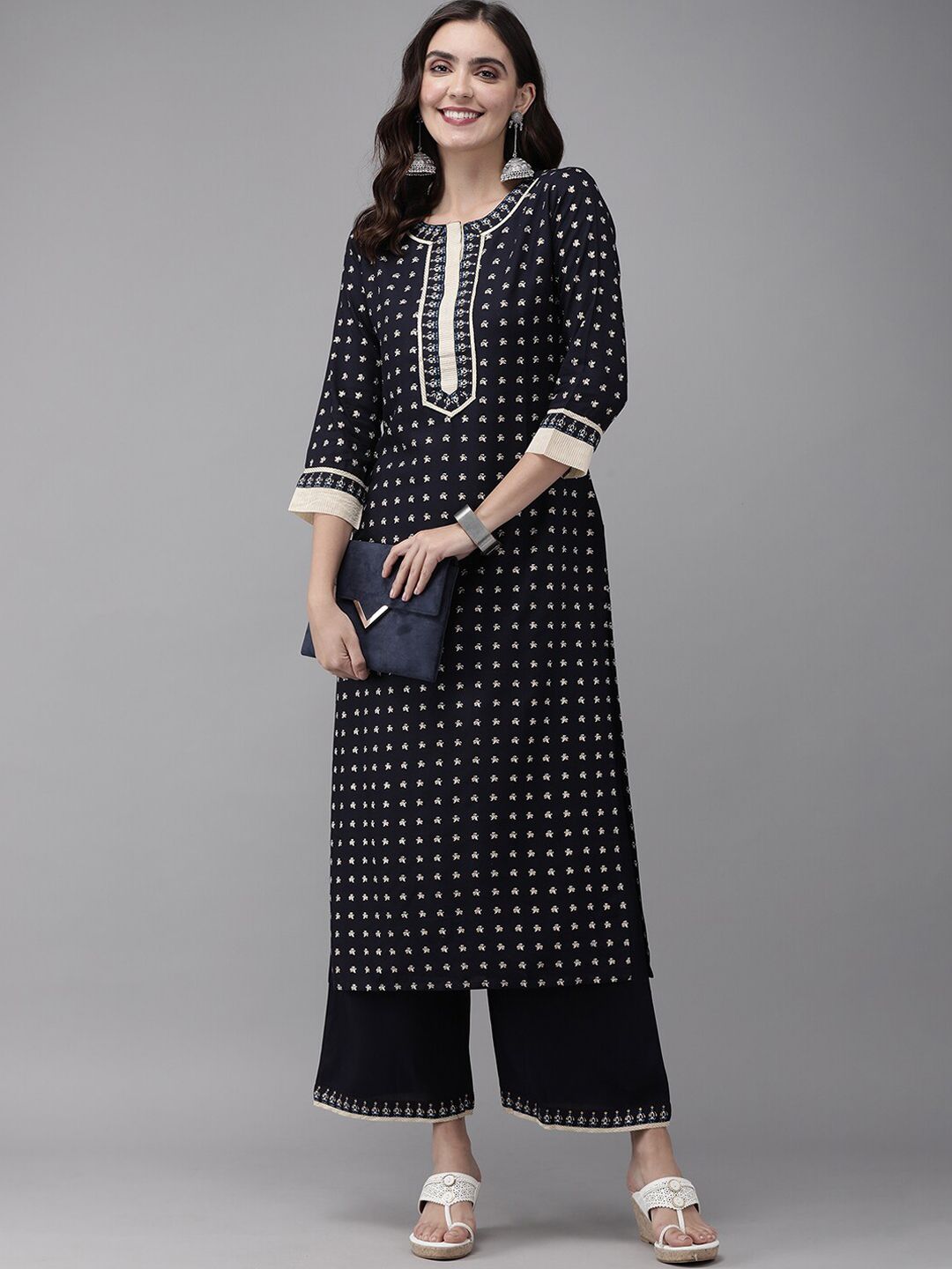 Women Navy Blue Ethnic Motifs Printed Liva Kurti with Palazzos