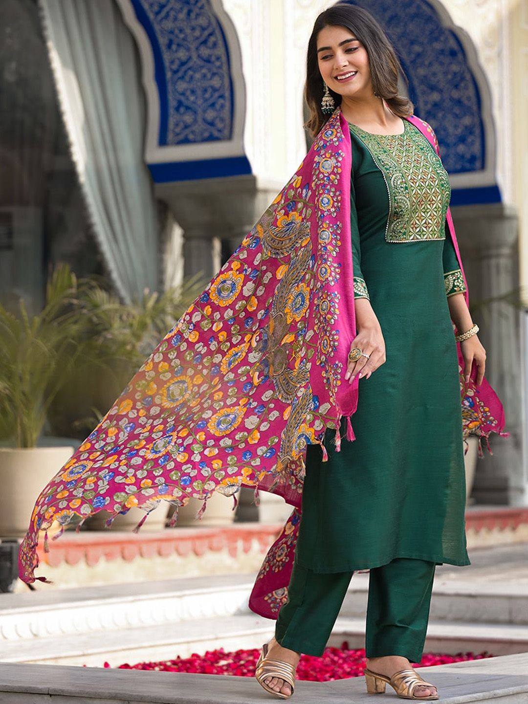 Indyancart VA Women's Floral Yoke Design Regular Gotta Patti Pure Cotton Kurta with Trousers & With Dupatta