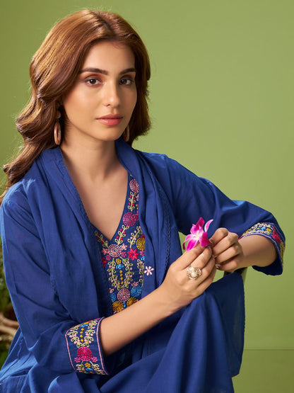 Women Floral Embroidered Cotton Kurta with Trousers & Dupatta