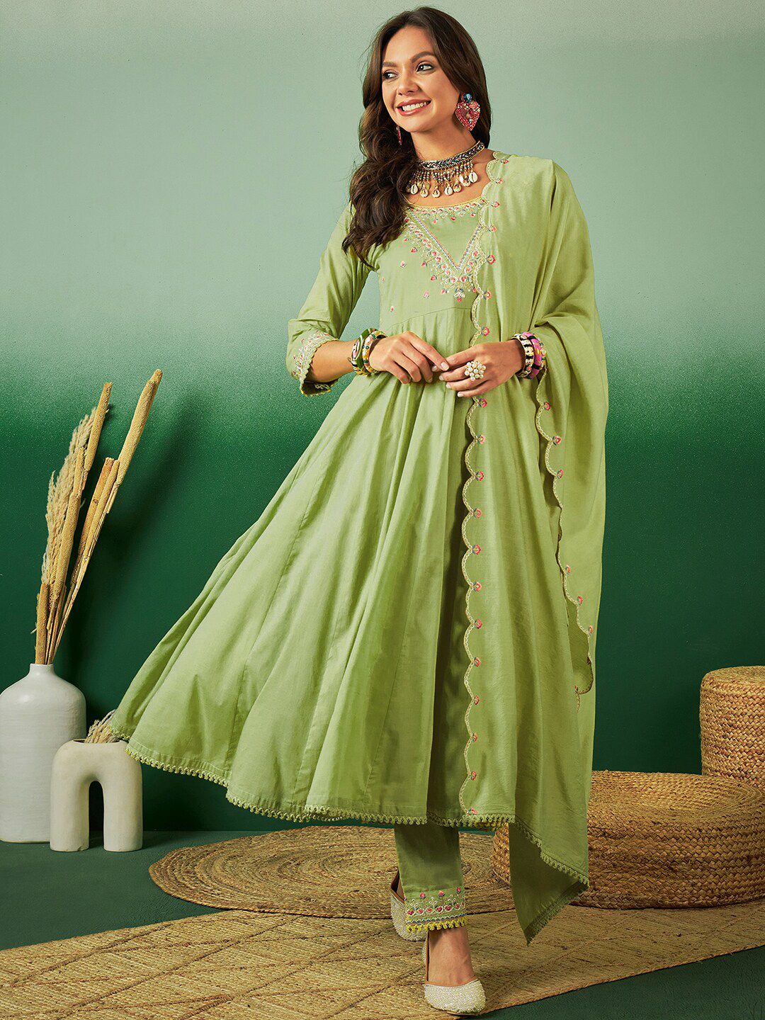 Indyancart SN Women's Sequence Embroidered Pure Cotton Anarkali Kurta With Trousers & Dupatta
