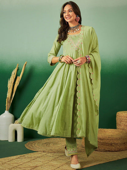Indyancart SN Women's Sequence Embroidered Pure Cotton Anarkali Kurta With Trousers & Dupatta