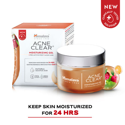 Himalaya Acne Clear+ Moisturizing Gel with natural salicylic acid, shown in a tube for active acne and oily skin care.