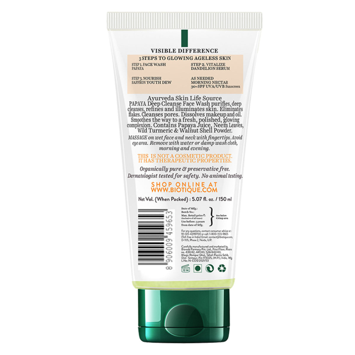 Biotique Bio Papaya Face Wash for all skin types, showing a tube of the natural facial cleanser with papaya extract.