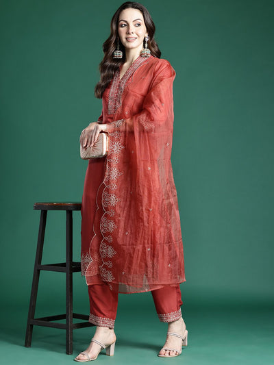Indyancart IE Ethnic Motifs Embroidered Kurta with Trousers & Dupatta