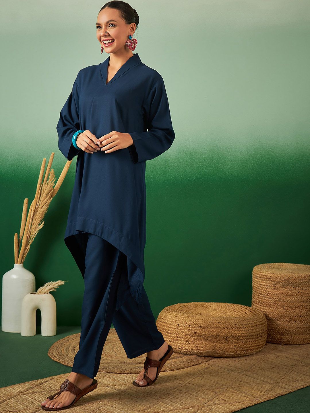 Indyancart SN Women's A Line Asymmetric Kurta With Trouser