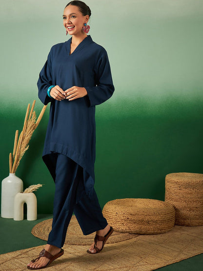 Indyancart SN Women's A Line Asymmetric Kurta With Trouser