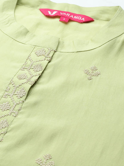 Indyancart VA Women's Green Embroidered Empire Kurta with Trousers & With Dupatta