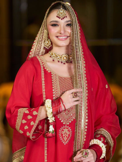 Indyancart IE Women Ethnic Motifs Embroidered A-Line Kurta with Trousers & Dupatta
