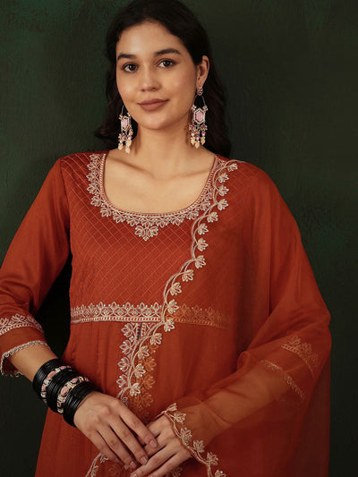 Indyancart SN Women's Sequence Embroidered Front Slit Kurta With Trousers & Dupatta