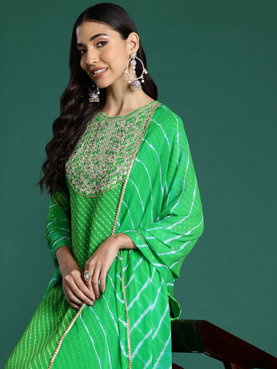 Indyancart IE Leheriya Printed Zari Kurta With Trousers & Dupatta