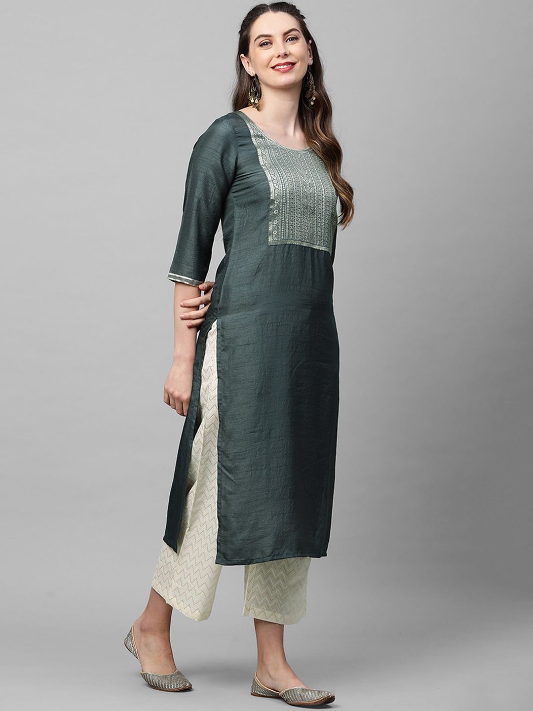 Indyancart IE Women Charcoal Grey Ethnic Motifs Yoke Design Straight Kurta