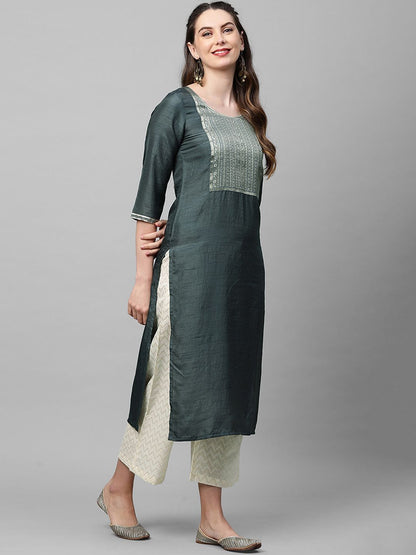 Indyancart IE Women Charcoal Grey Ethnic Motifs Yoke Design Straight Kurta