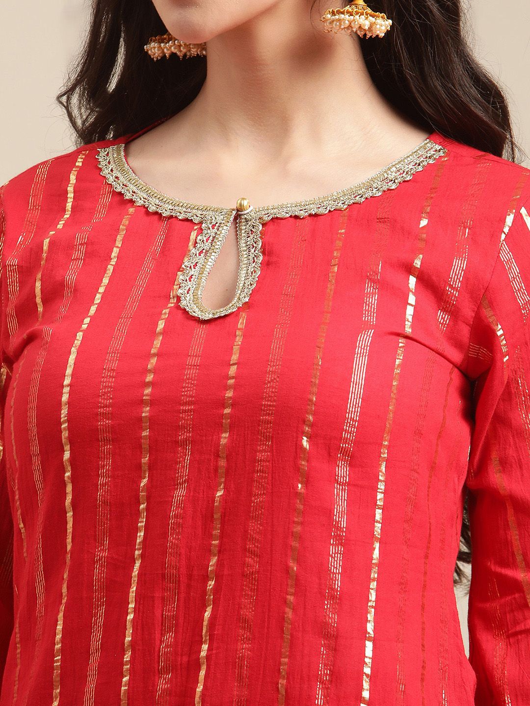 Indyancart VA Women's Red Embroidered Gotta Patti Kurta with Sharara & With Dupatta