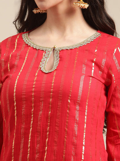 Indyancart VA Women's Red Embroidered Gotta Patti Kurta with Sharara & With Dupatta