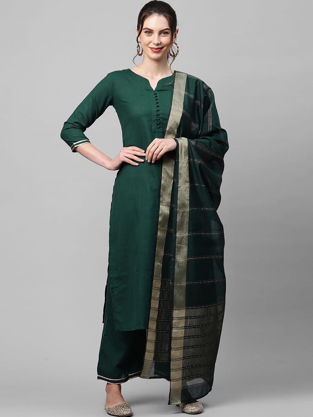 Indyancart IE Women Green Pure Cotton Kurta with Palazzos & Dupatta