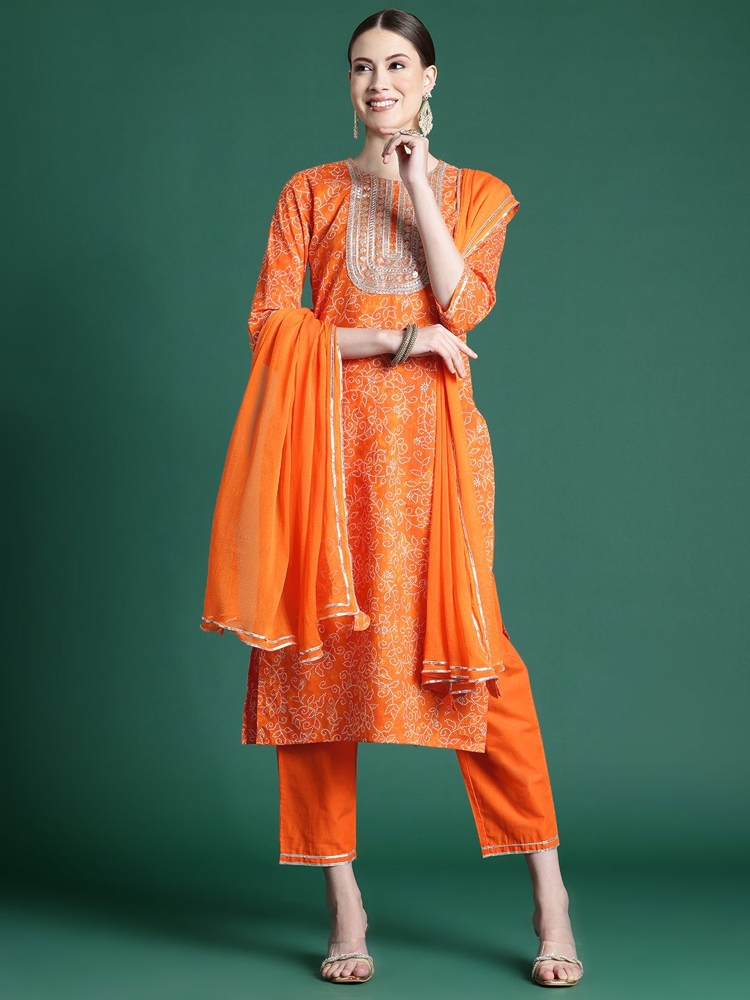 Indyancart IE Women Bandhani Printed Regular Sequinned Pure Cotton Kurta with Palazzos & With Dupatta