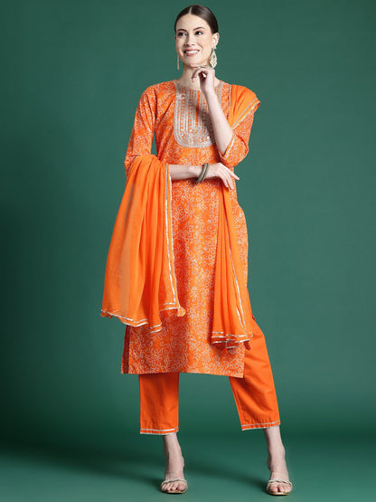 Indyancart IE Women Bandhani Printed Regular Sequinned Pure Cotton Kurta with Palazzos & With Dupatta