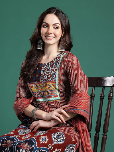 Indyancart IE Ethnic Motifs Printed Pure Cotton Kurta with Trousers & Dupatta