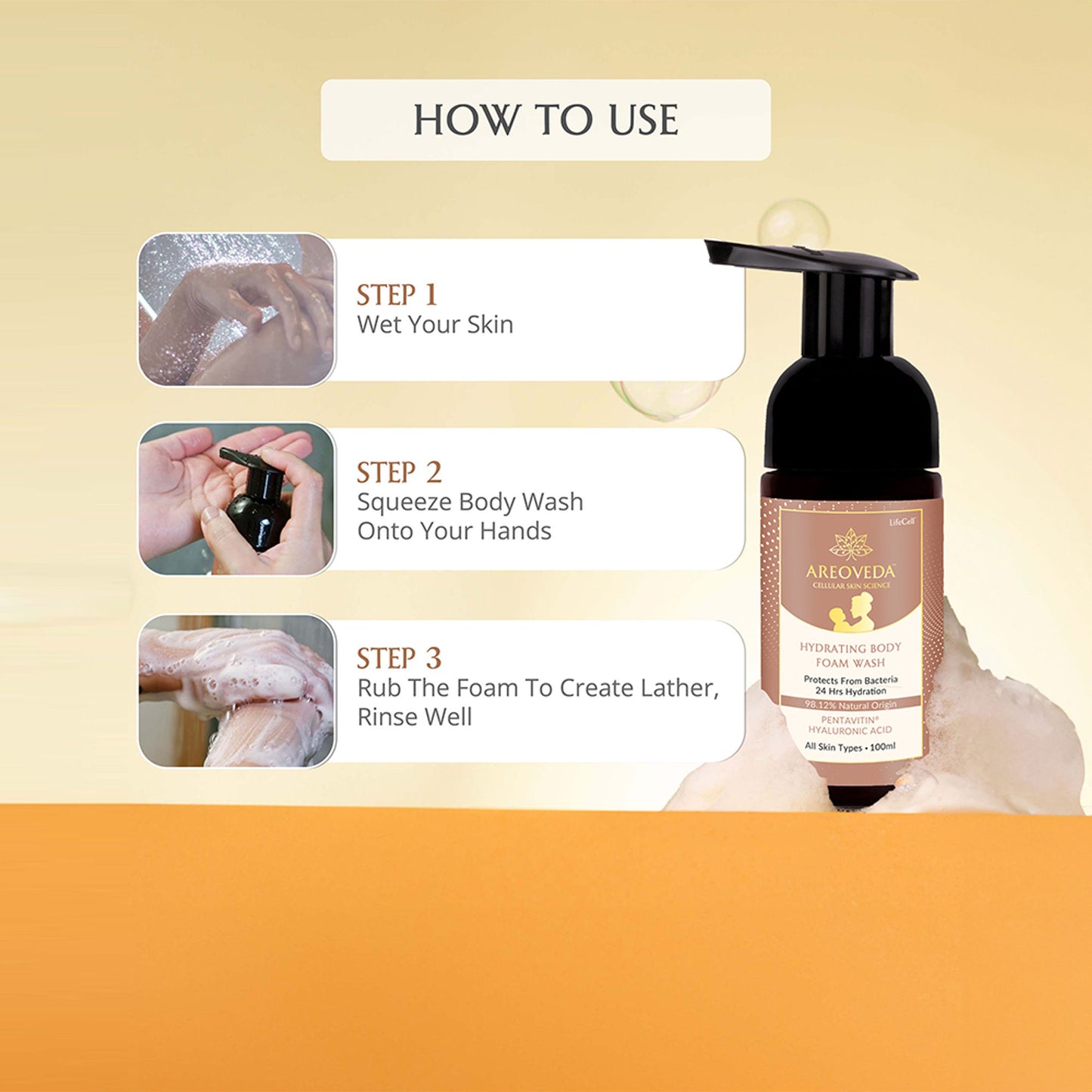 AreoVeda Natural & Gentle Hydrating Body Foam Wash, Refreshing and Suitable for All Skin Types