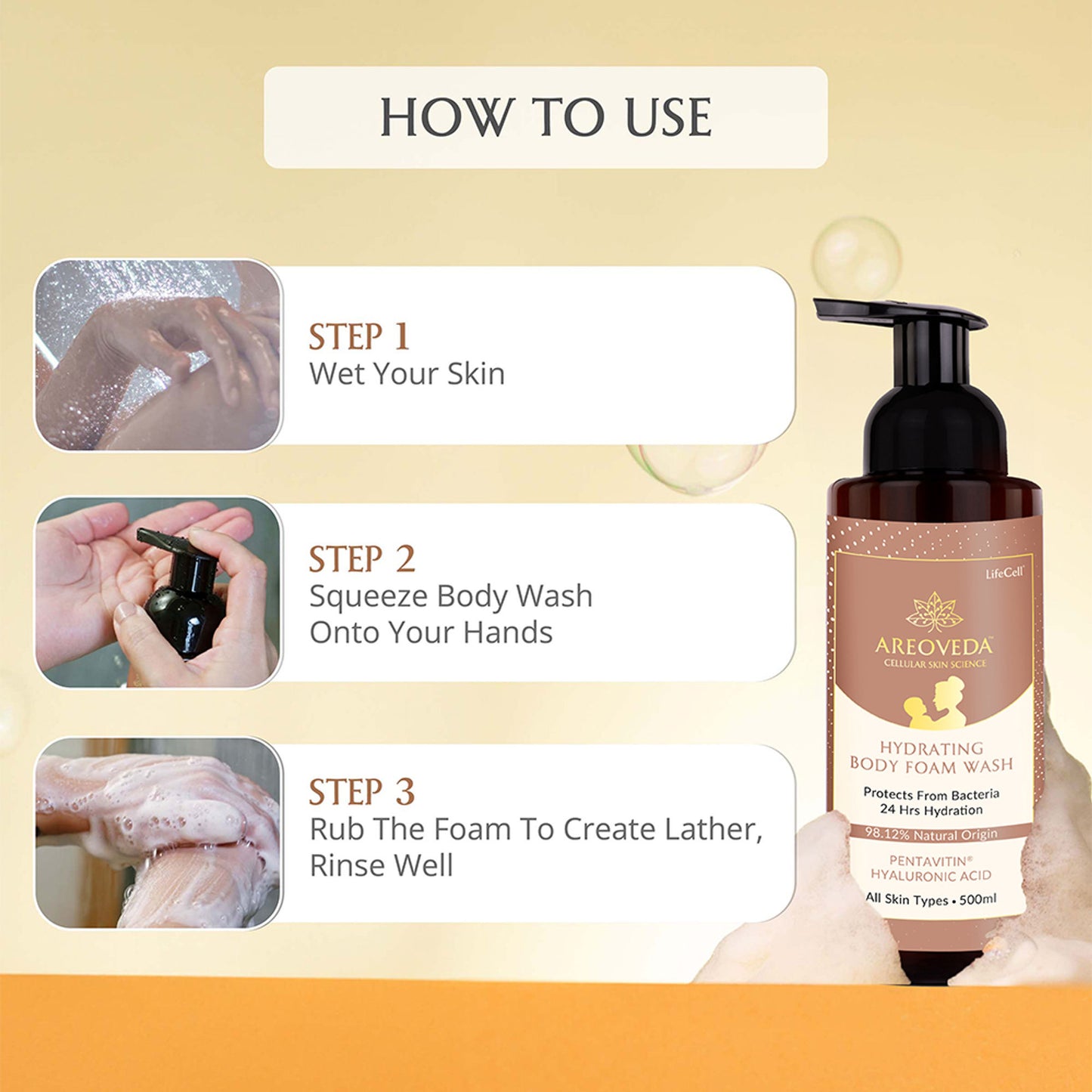 AreoVeda Natural & Gentle Hydrating Body Foam Wash, Refreshing and Suitable for All Skin Types