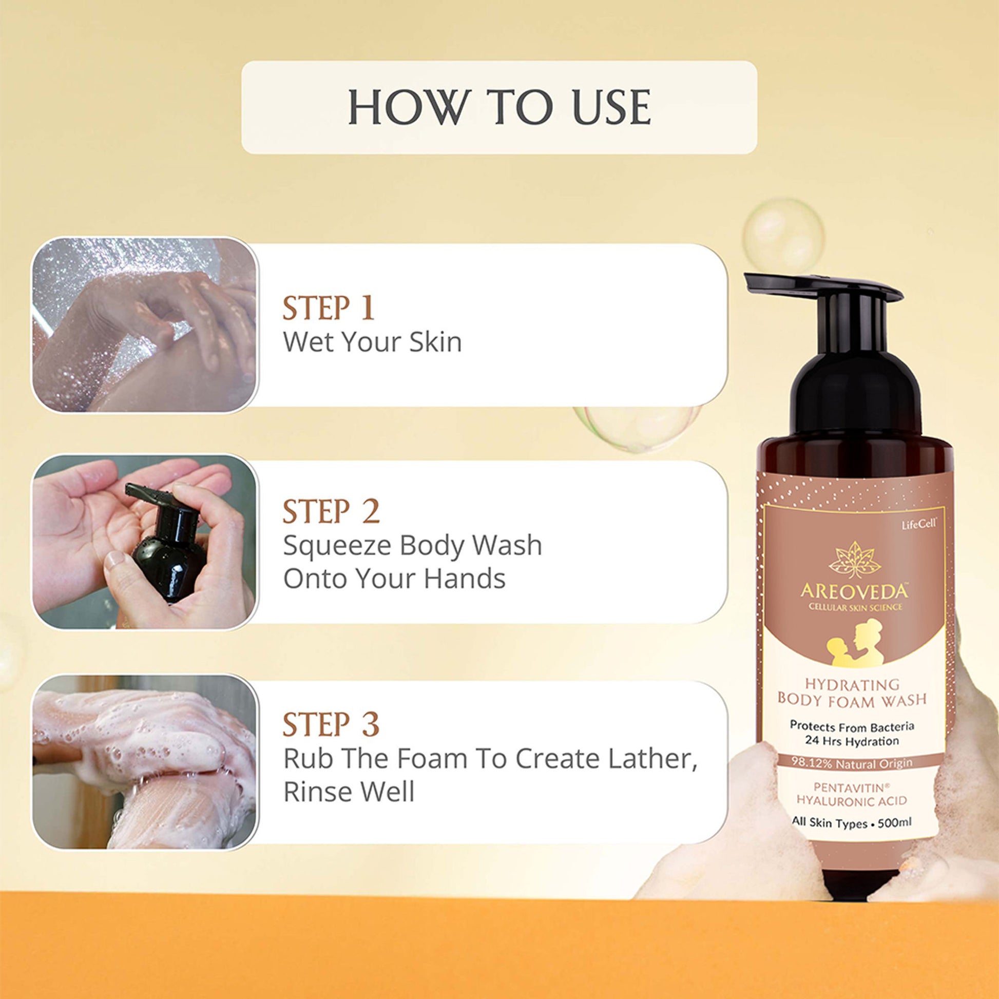 AreoVeda Natural & Gentle Hydrating Body Foam Wash, Refreshing and Suitable for All Skin Types