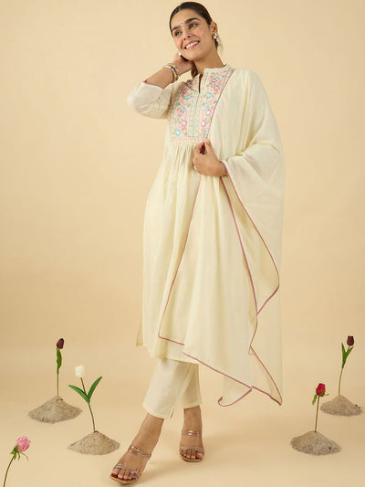 Indyancart IE Floral Embroidered Mandarin Collar A Line Pure Cotton Kurta With Trouser &Dupatta