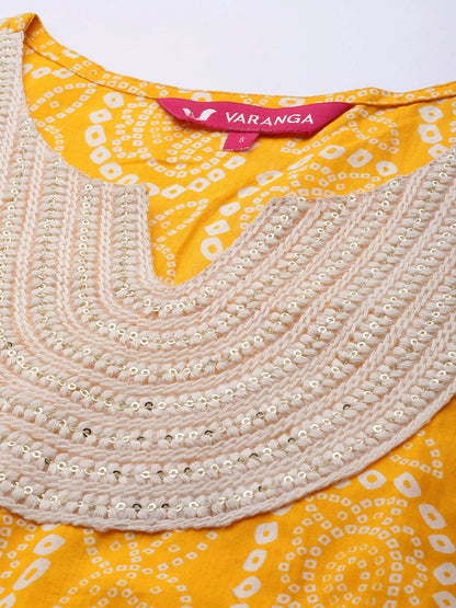 Indyancart VA Women's Mustard Yellow Bandhani Printed Pure Cotton Kurta with Sharara & Dupatta