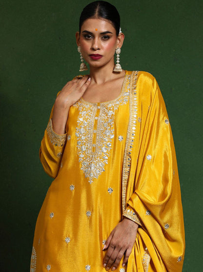 Indyancart VA Floral Embroidered Zari Work Straight Kurta With Palazzos & Dupatta